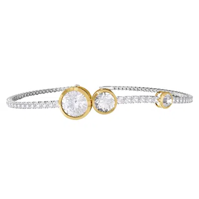 DIAMOND2DEAL 14K TWO-TONE GOLD 3.5 CT ROUND LAB GROWN DIAMOND BANGLE BRACELET 7" VVS-VS, E-F