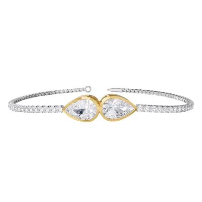 DIAMOND2DEAL 14K TWO-TONE GOLD 3.8 CT PEAR SHAPE LAB GROWN DIAMOND BANGLE BRACELET 7" VVS-VS, E-F