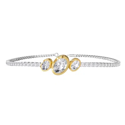 DIAMOND2DEAL 14K TWO-TONE GOLD 3.9 CT OVAL CUT LAB GROWN DIAMOND BANGLE BRACELET 7" VVS-VS, E-F