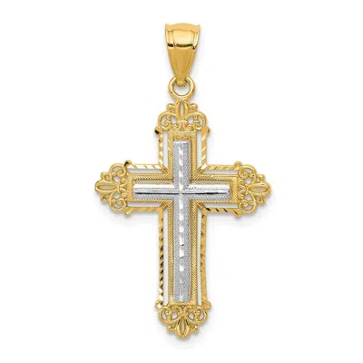 Diamond2deal 14k Two-tone Gold Fleur De Lis Cross Pendant In Multi
