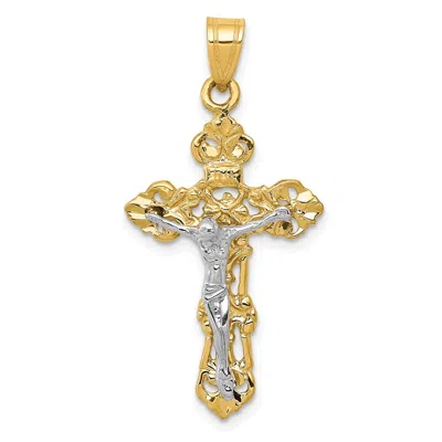 Diamond2deal 14k Two-tone Gold Fleur De Lis Crucifix Pendant In Multi