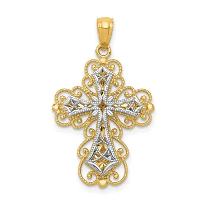 Diamond2deal 14k Two-tone Gold Gold Polished 2 Level Filigree Cross Pendant In Multi