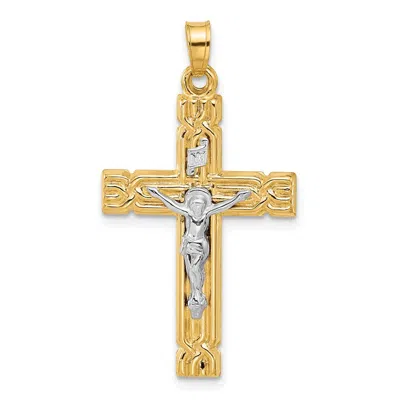 Diamond2deal 14k Two-tone Gold Hollow Inri Crucifix Pendent In Multi