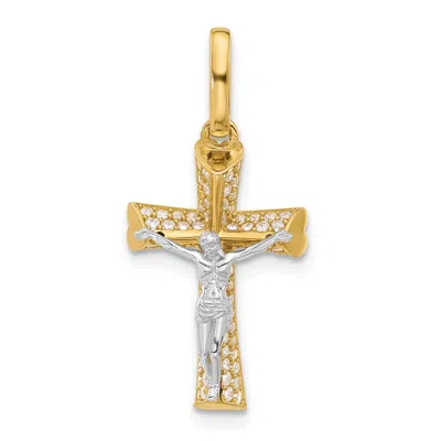 Diamond2deal 14k Two-tone Gold Polished Cubic Zirconia Crucifix With Heart Ends Pendant In Multi