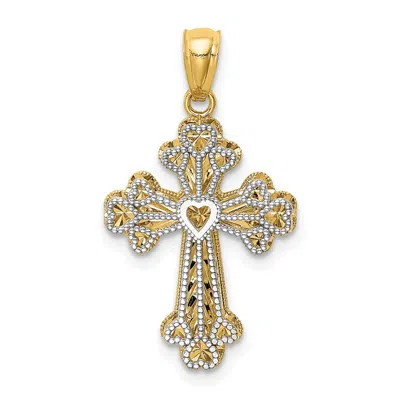 Diamond2deal 14k Two-tone Gold Polished Filigree 2 Level Heart Cross Pendant In Multi