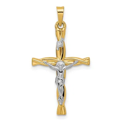 Diamond2deal 14k Two-tone Gold Polished Hollow Inri Crucifix Twisted Cross Pendant In Multi
