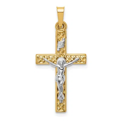 Diamond2deal 14k Two-tone Gold Polished Lattice Textured Inri Crucifix Pendant In Multi