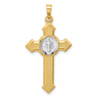 Diamond2deal 14k Two-tone Gold Textured Hollow Budded St Benedict Cross Pendent In Multi