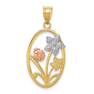 Diamond2deal 14k Two-tone Gold White Rhodium Diamond-cut Oval Floral Pendant In Multi
