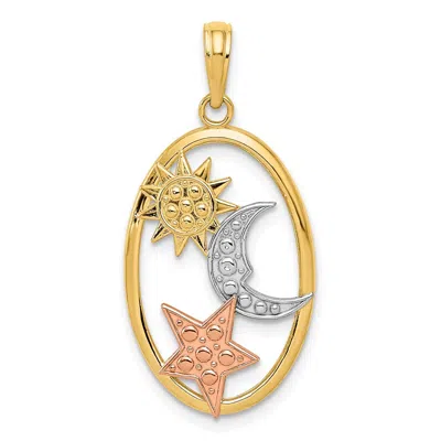 Diamond2deal 14k Two-tone Gold White Rhodium Sun, Moon And Star Oval Pendant In Multi