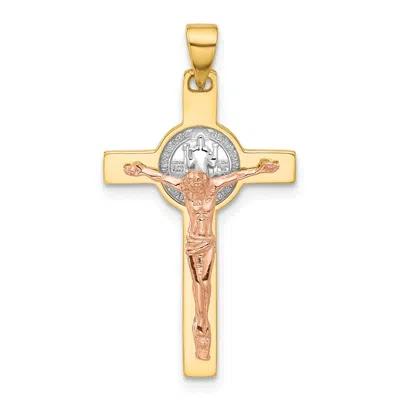 Diamond2deal 14k Two-tone Gold With White Rhodium Crucifix And St Benedict Pendant In Multi