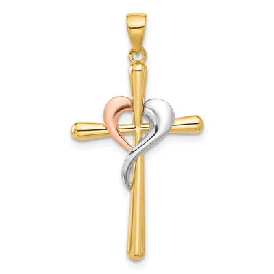 Diamond2deal 14k Two-tone Gold With White Rhodium Polished Cross With Heart Pendant In Multi