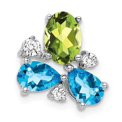 Pre-owned Diamond2deal 14k White Gold Blue Topaz/peridot/diamond Chain Slide Pendant