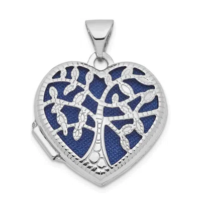 Diamond2deal 14k White Gold Cut-out Tree Of Life With Blue Fabric Interior 18mm Heart Locket In Metallic