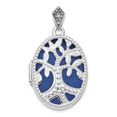 Diamond2deal 14k White Gold Diamond Cut-out Tree With Blue Fabric Interior 23mm Oval Locket In Metallic