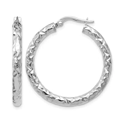 Diamond2deal 14k White Gold Polished And Textured Round Hoop Earrings In Silver