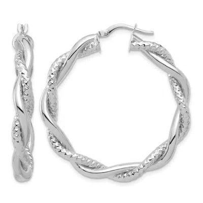 Diamond2deal 14k White Gold Polished And Textured Twisted Round Hoop Earrings In Silver