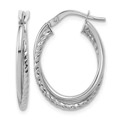 Diamond2deal 14k White Gold Polished Textured Oval Shape Hoop Earrings In Silver