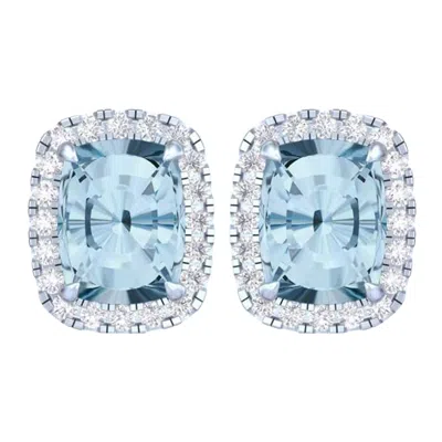Diamond2deal 14k White Gold Vivid Blue Cushion Cut 5.60 Ct Lab-grown Diamond Halo Stud Earrings