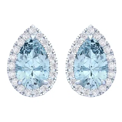 Diamond2deal 14k White Gold Vivid Blue Pear Cut 4 Ct Lab-grown Diamond Halo Stud Earrings