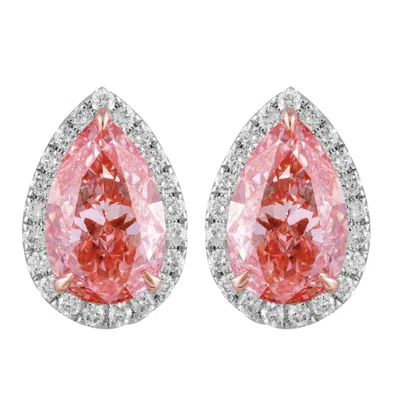 Diamond2deal 14k White Gold Vivid Pink Pear Cut 4.9 Ct Lab-grown Diamond Halo Stud Earrings