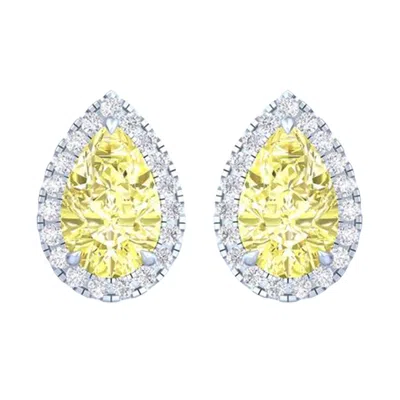 Diamond2deal 14k White Gold Vivid Yellow Pear Cut 4.10 Ct Lab-grown Diamond Halo Stud Earrings
