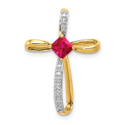 Diamond2deal 14k Yellow Gold 4mm Square Lab Created Ruby And Diamond Cross Slide Pendant In Multi