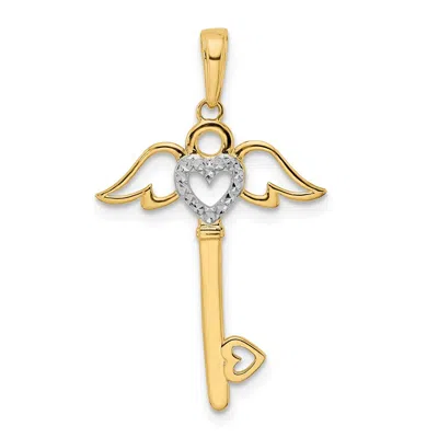 Diamond2deal 14k Yellow Gold And White Rhodium Diamond-cut Hear Angel Wings Key Pendant