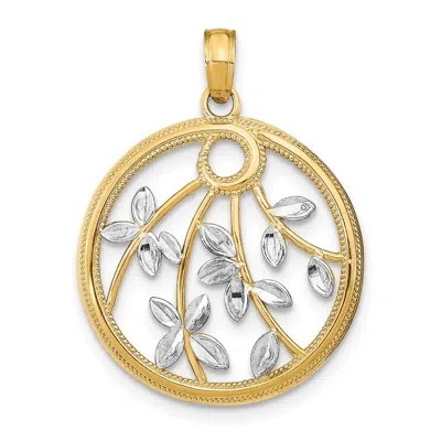 Diamond2deal 14k Yellow Gold And White Rhodium Leaves In Round Frame Charm Pendant In Multi