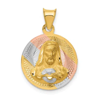 Diamond2deal 14k Yellow Gold Diamond-cut Solid Sagrado Corazon De Jesus Round Pendant In Multi