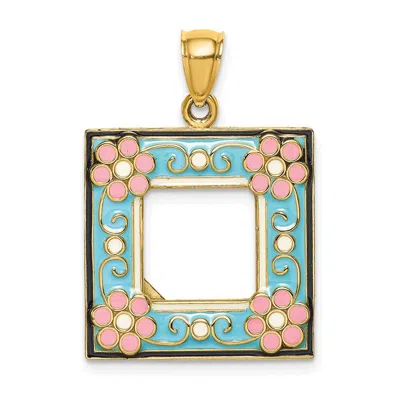 Diamond2deal 14k Yellow Gold Enamel Aqua Floral Picture Frame Charm