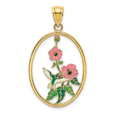 Diamond2deal 14k Yellow Gold Enamel Hummingbird Flowers In Oval Frame Charm