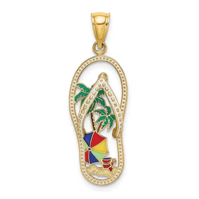 Diamond2deal 14k Yellow Gold Enamel Palm Tree Beach Scene Flip-flop Charm