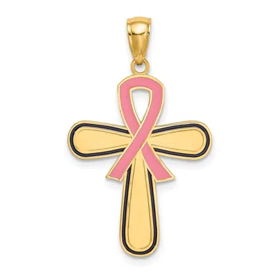 Diamond2deal 14k Yellow Gold Enamel Pink Ribbon Breast Cancer Cross