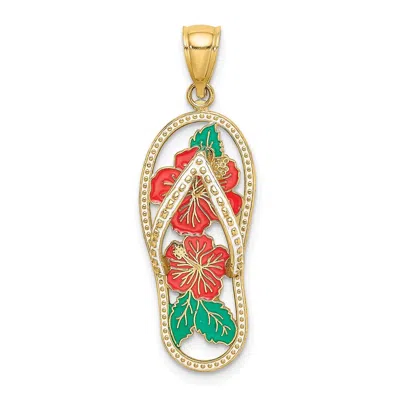 Diamond2deal 14k Yellow Gold Enamel Red Hibiscus Flower Flip-flop Charm