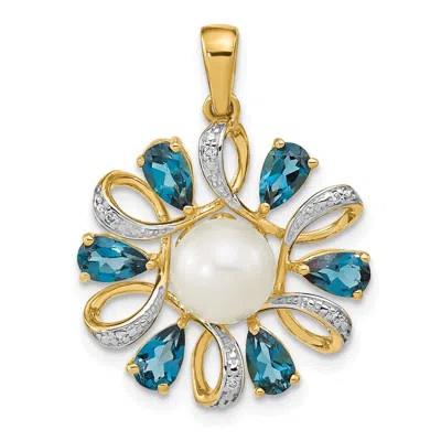 Diamond2deal 14k Yellow Gold Freshwater Cultured Pearl & Blue Topaz Diamond Pendant In Multi