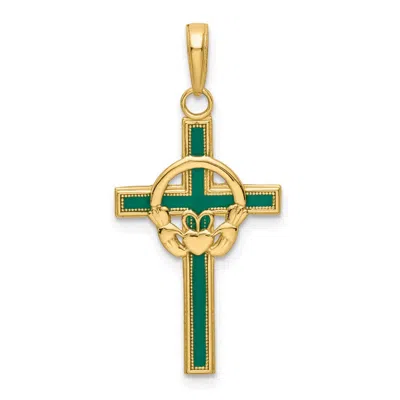 Diamond2deal 14k Yellow Gold Green Enameled Claddagh Cross Pendant