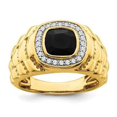 Pre-owned Diamond2deal 14k Yellow Gold Lab Grown Diamond And Onyx Textured Ring For Mens