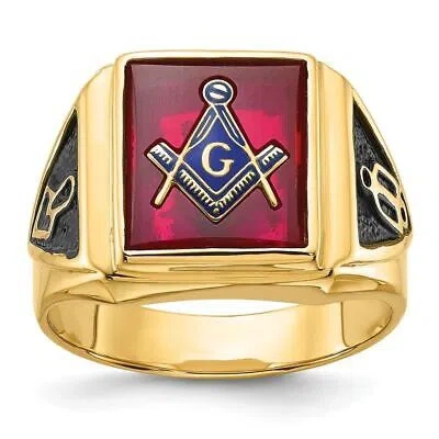 Pre-owned Diamond2deal 14k Yellow Gold Men's Black Enamel And Lab Created Ruby Masonic Ring
