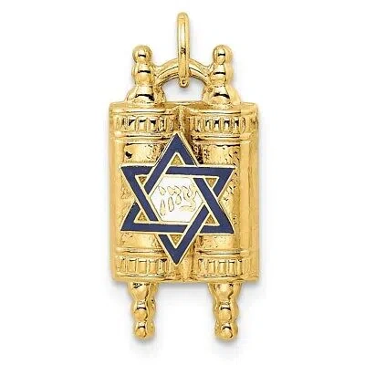 Pre-owned Diamond2deal 14k Yellow Gold Polished Solid Torah & Enameled Star Of David Pendant For Women
