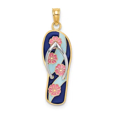 Diamond2deal 14k Yellow Gold Rhodium 3d Enamel Pink Flowers On Blue Stripes Flip-flop Charm