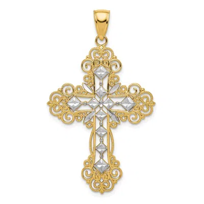 Diamond2deal 14k Yellow Gold Rhodium Polished Textured Diamond Pattern Cross Pendant