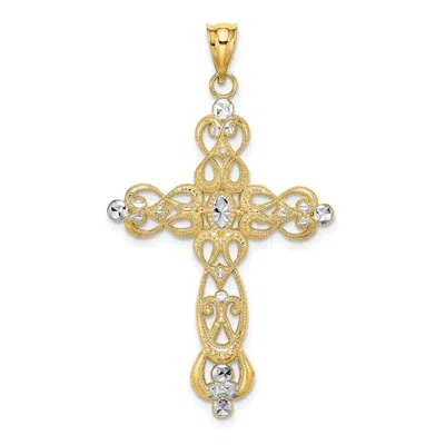 Diamond2deal 14k Yellow Gold Rhodium Scroll Design Diamond-cut Cross Charm