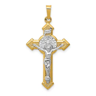 Diamond2deal 14k Yellow Gold Rhodium St. Benedict Hollow Medal Inri Crucifix Pendant In Transparent