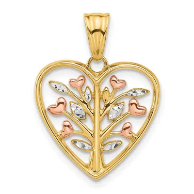 Diamond2deal 14k Yellow Gold Rose-plated And White Rhodium Diamond-cut Tree In Heart Pendant In Gray