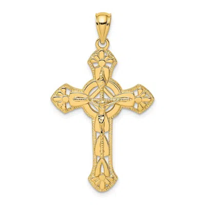 Diamond2deal 14k Yellow Gold Textured Crucifix With Floral Tips Charm Pendant