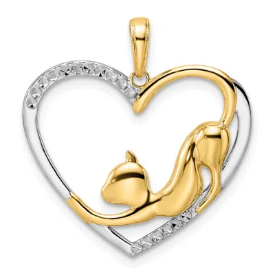 Diamond2deal 14k Yellow Gold White Rhodium Diamond-cut Cat Stretching In Heart Pendant