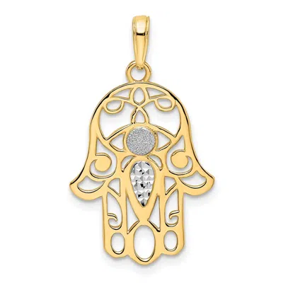 Diamond2deal 14k Yellow Gold White Rhodium Diamond-cut Evil Eye Hamsa Pendant
