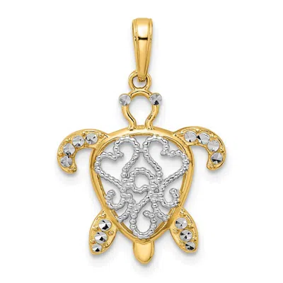 Diamond2deal 14k Yellow Gold White Rhodium Diamond-cut Filigree Turtle Pendant