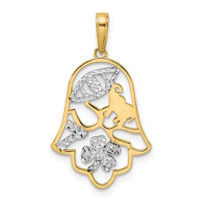 Diamond2deal 14k Yellow Gold White Rhodium Diamond-cut Good Luck Symbols On Hamsa Pendant